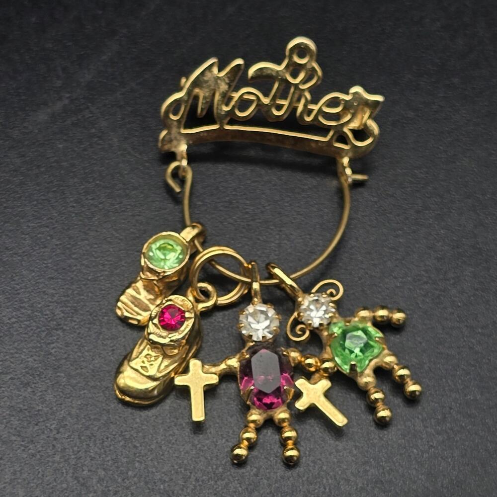 Gold Tone Mother Charm Holder Brooch with Charms Vintage